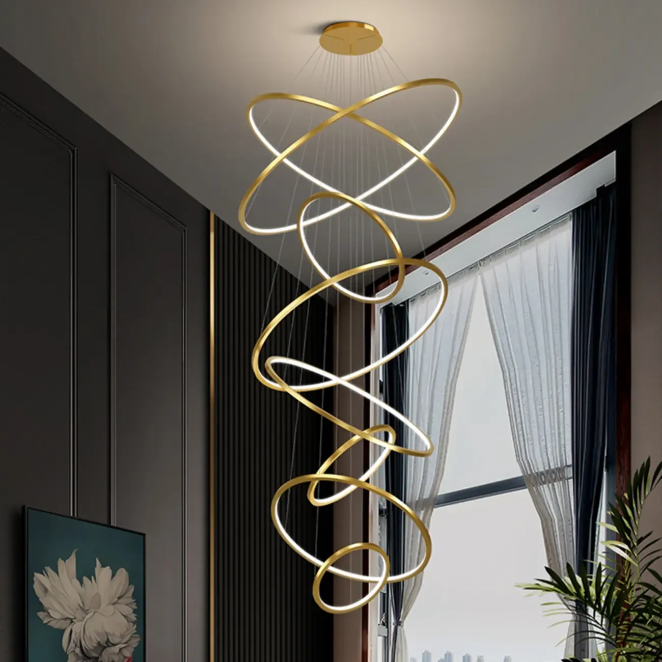Modern Gold Ring Stairwell Chandelier Warm Light LED