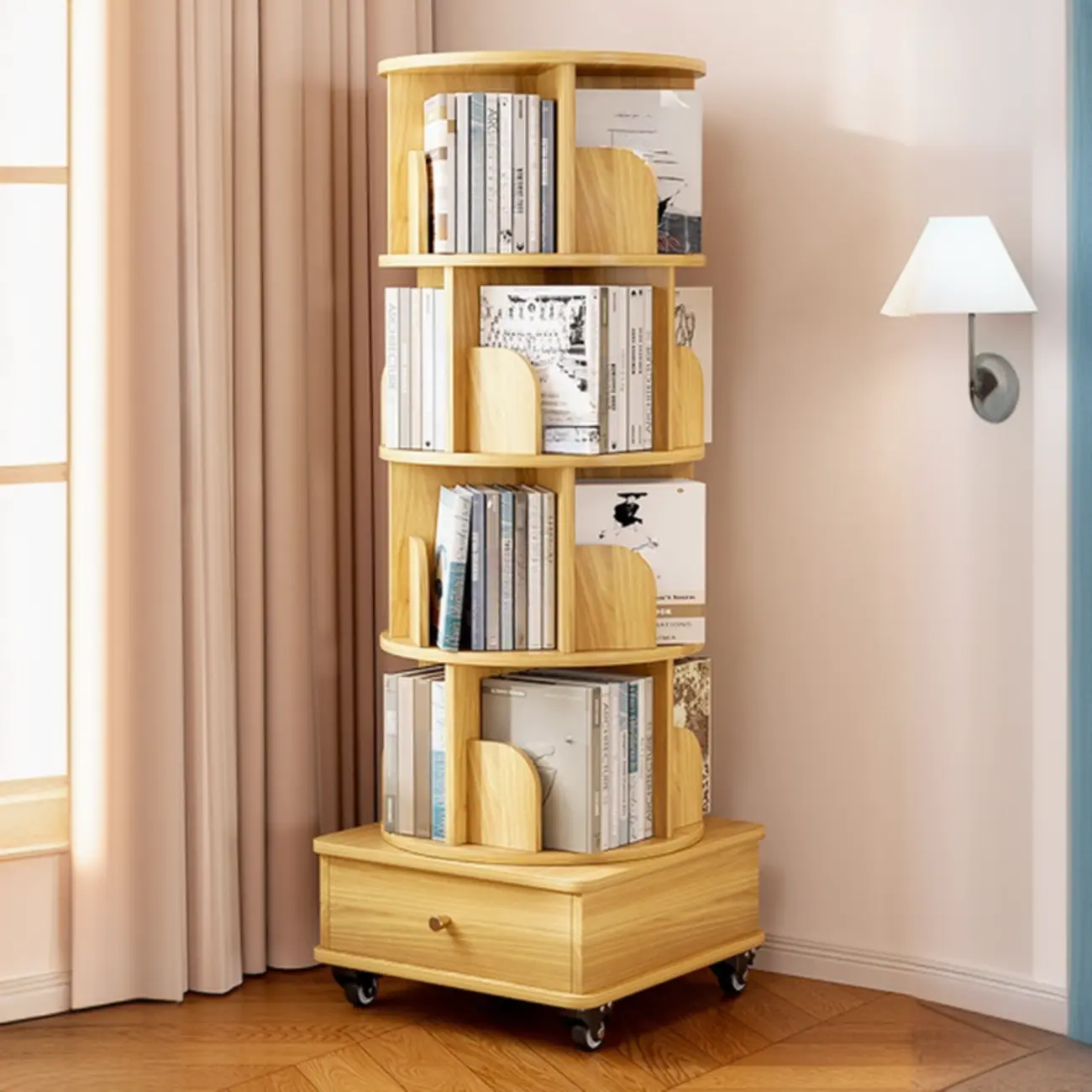 Unique Rotating Closed Back Wooden Storage Bookcase