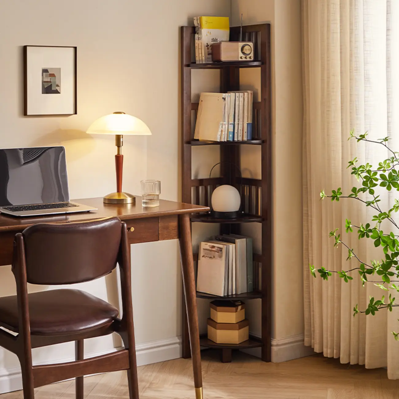 Narrow 5-Tier Nut-Brown Wood Open Corner Bookcase