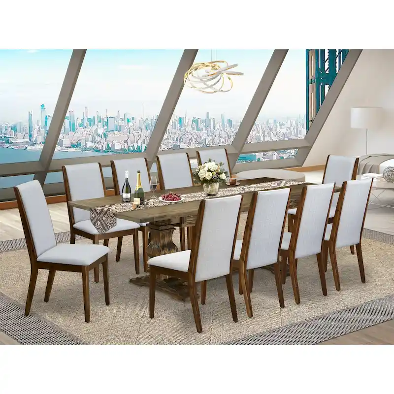 East West Furniture 11 Piece Dining Table Set- a Wooden Table and 10 Linen Fabric Upholstered Chairs(Finish Options)