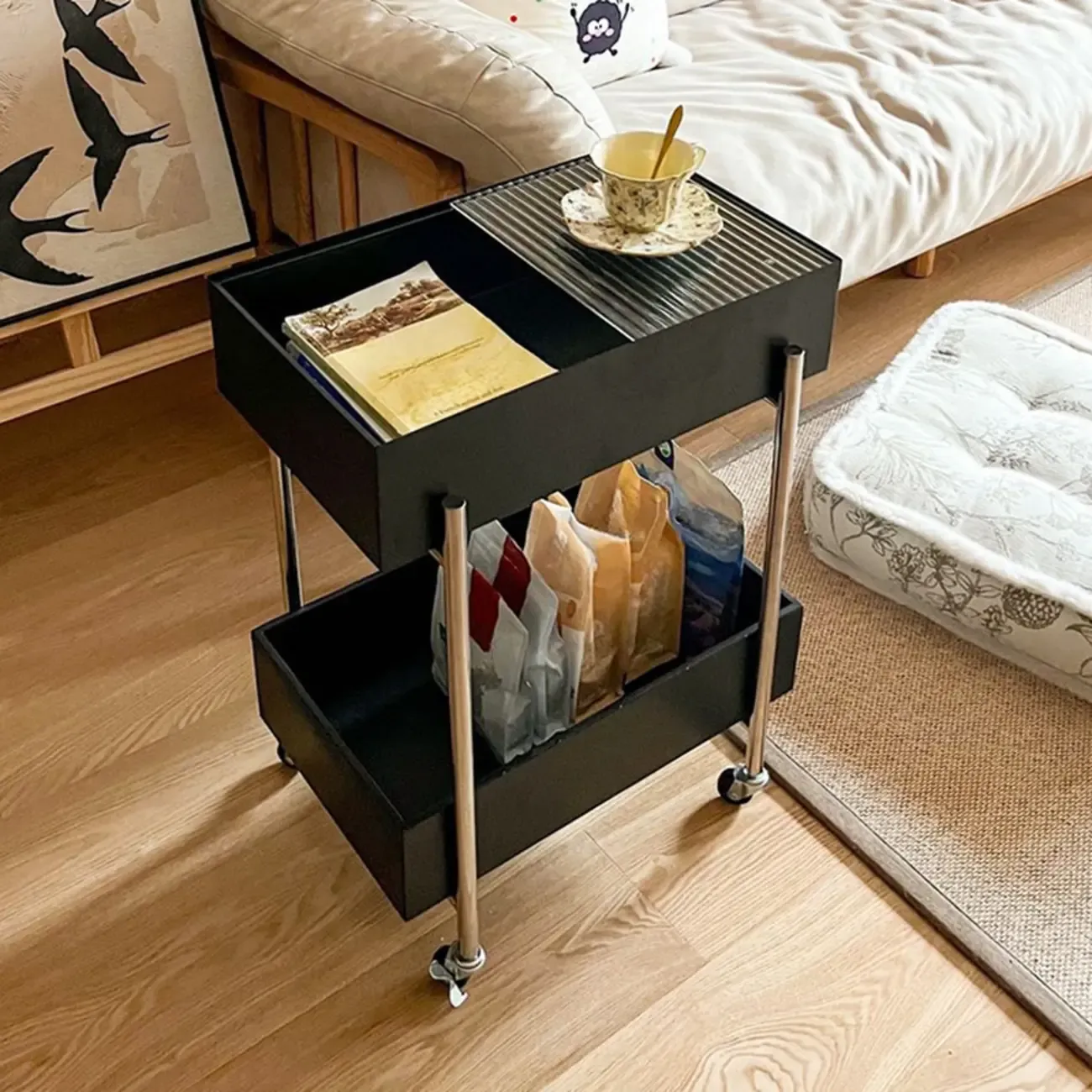 Trendy Black 2-Tier Small Side Table with Casters