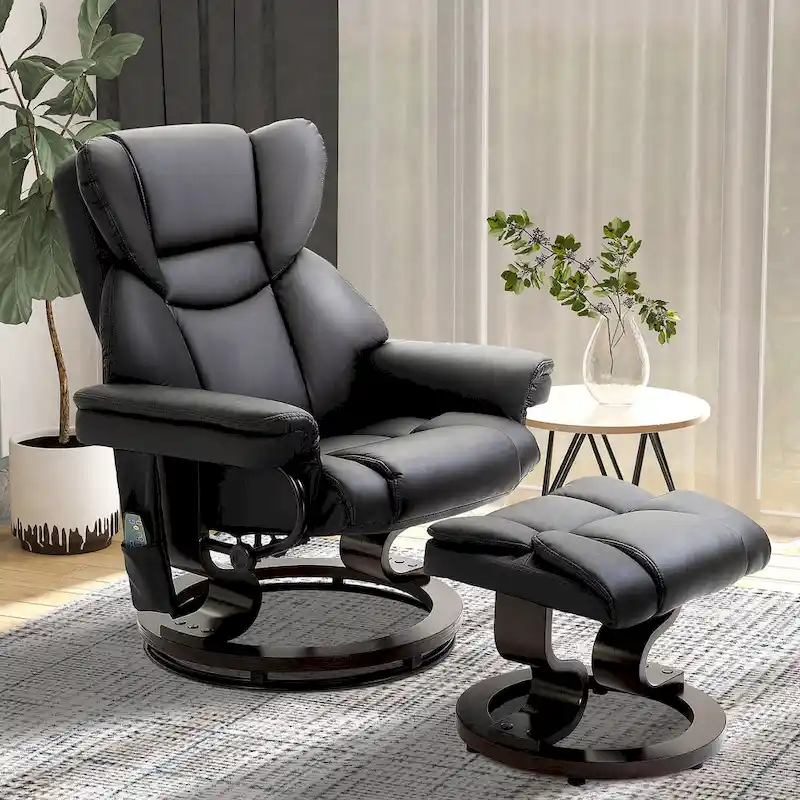 Black Faux Leather 360 Swivel Manual Recliner Set with Ottoman, 10 Vibration Massage Points, Side Pocket