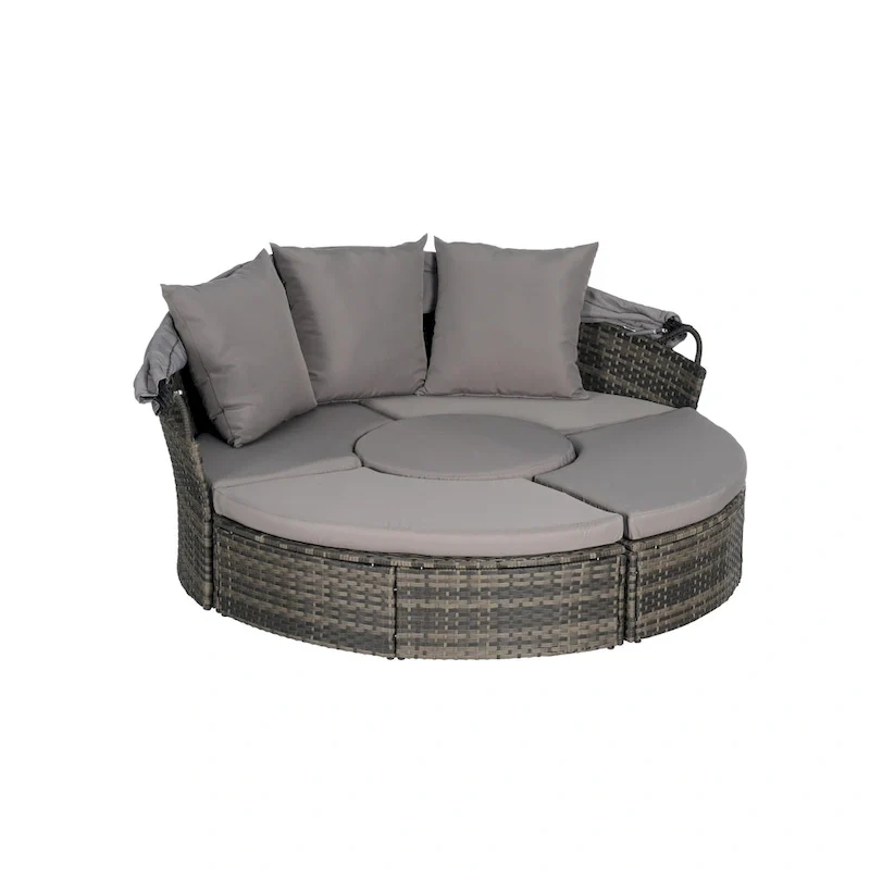 5-Piece Round Daybed Sunbed with Canopy & Removable Cushions