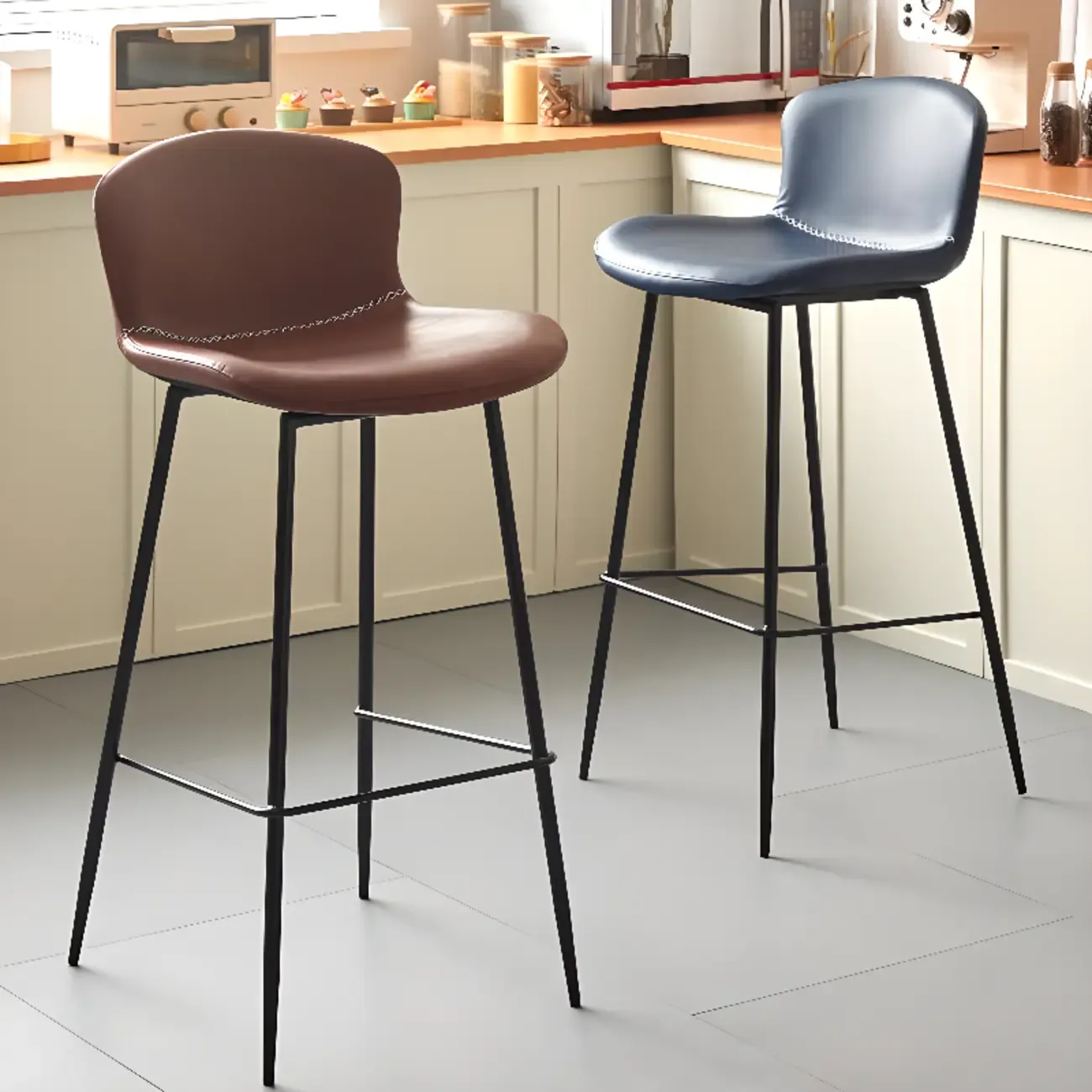 Modern Metal Frame Leather Cushion Low Back Bar Stool