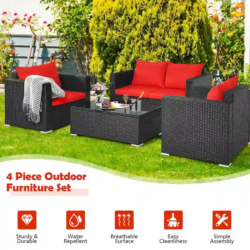 Costway 4 PCS Patio Rattan Furniture Set Cushioned Sofa Chair Coffee - See Description