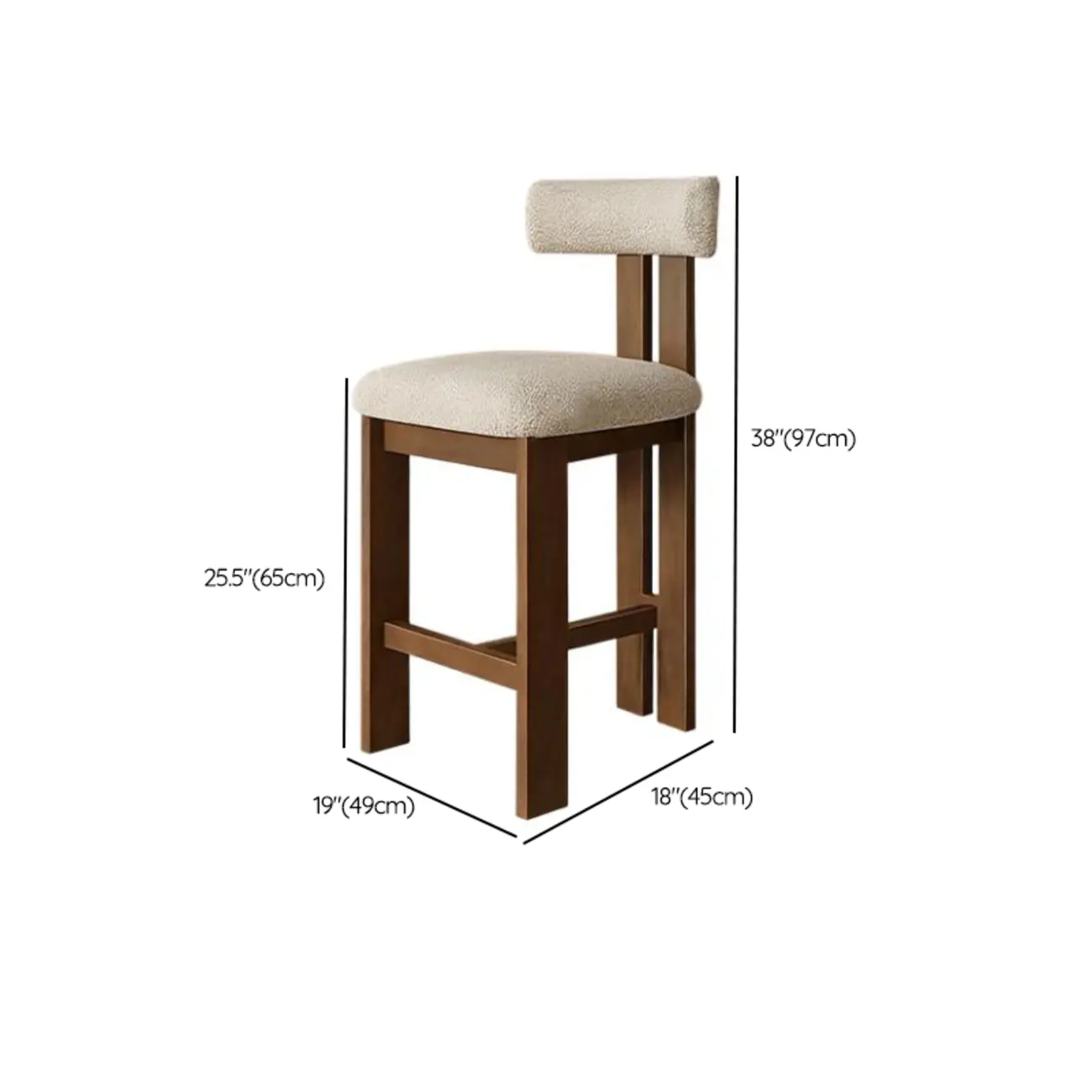 White Boucle Fabric Brown Wood Armless Bar Stools