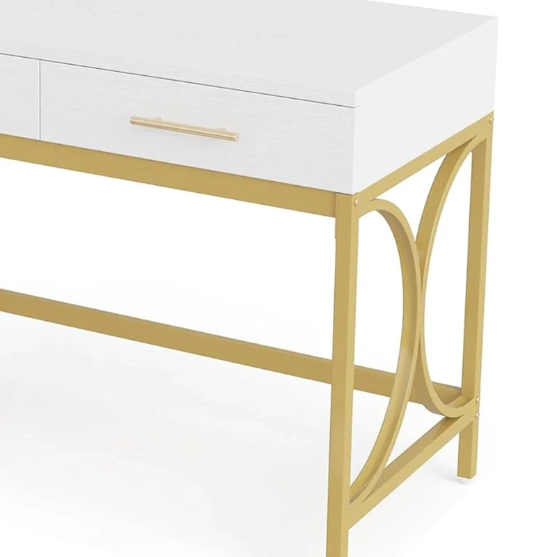 Computer Office Writing Desk, 41 Inch White Top, 2 Drawers, Gold Base