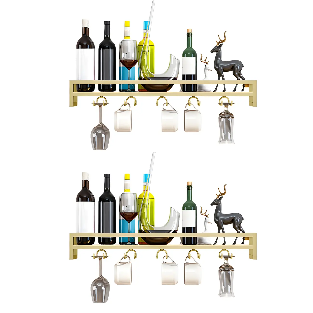 Floating Mount Metal Wine Glasses and Bottle Rack with Hook