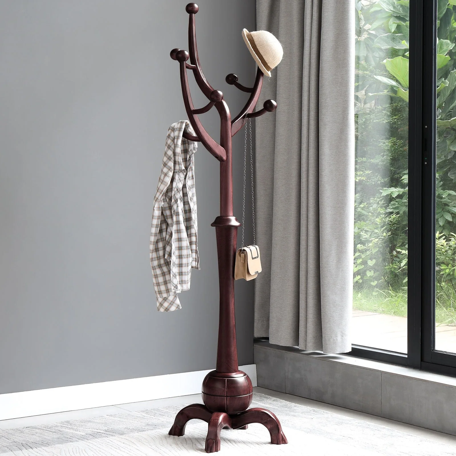 Tree-branch Rubberwood Freestanding Coat Rack with 8 Hooks - 24.5W x 70.87H