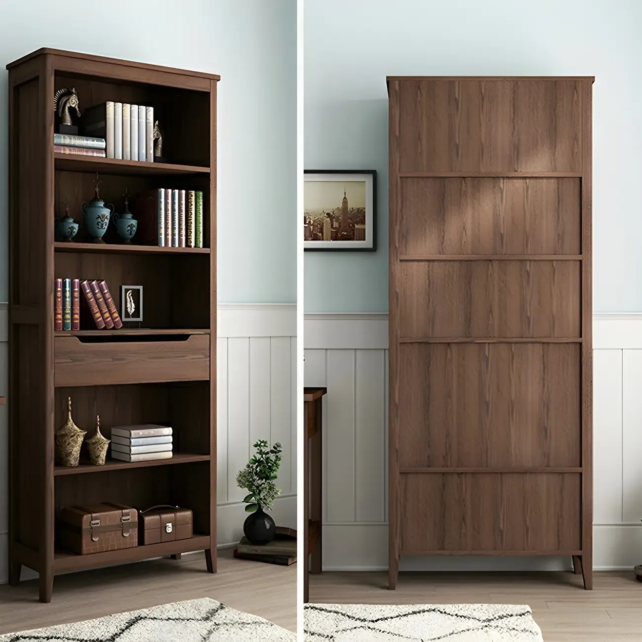 Modern Wooden Bookcase with Adjustable Shelves and Drawers