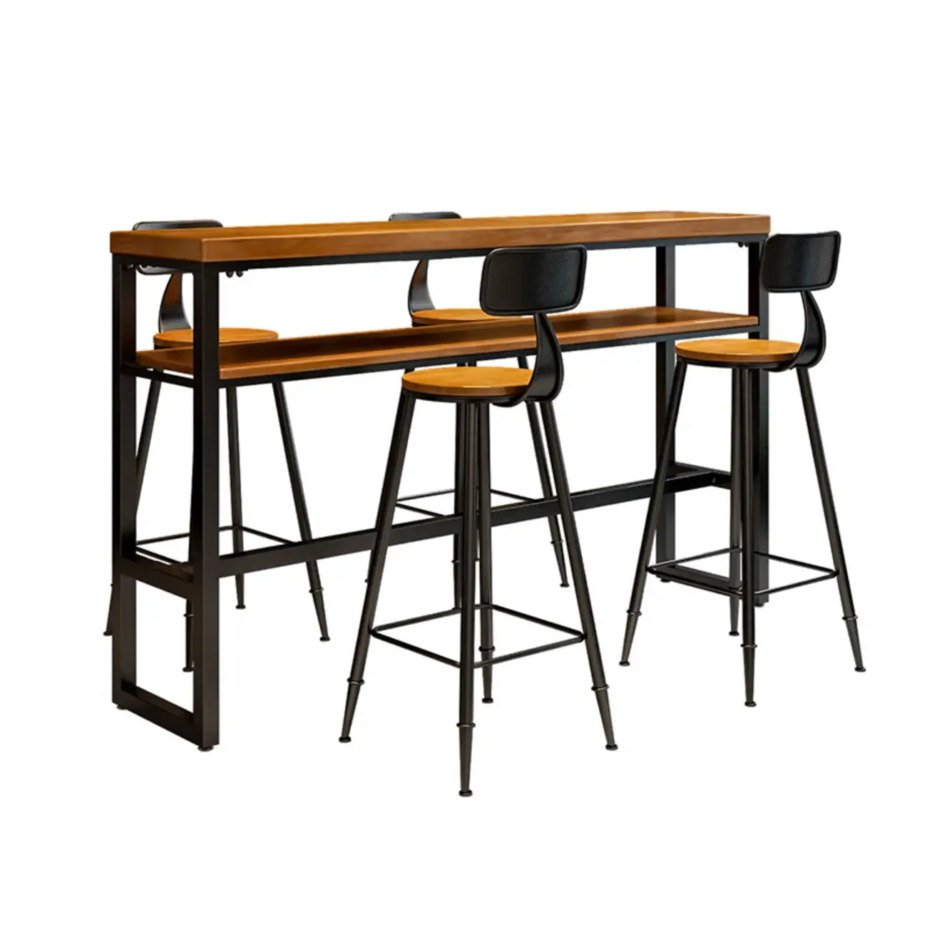 Modern Brown Wooden Metal Sled Shelf Bar Tables with Footrest