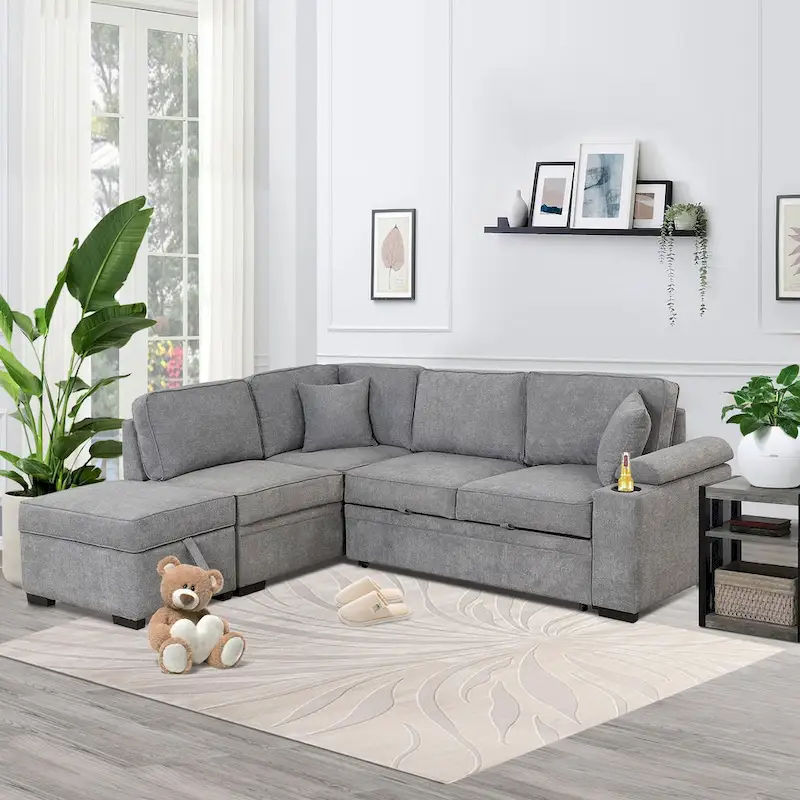 87.4 2 in 1 Pull Out Sleeper Sofa Bed L Shape Couch with Storage Ottoman