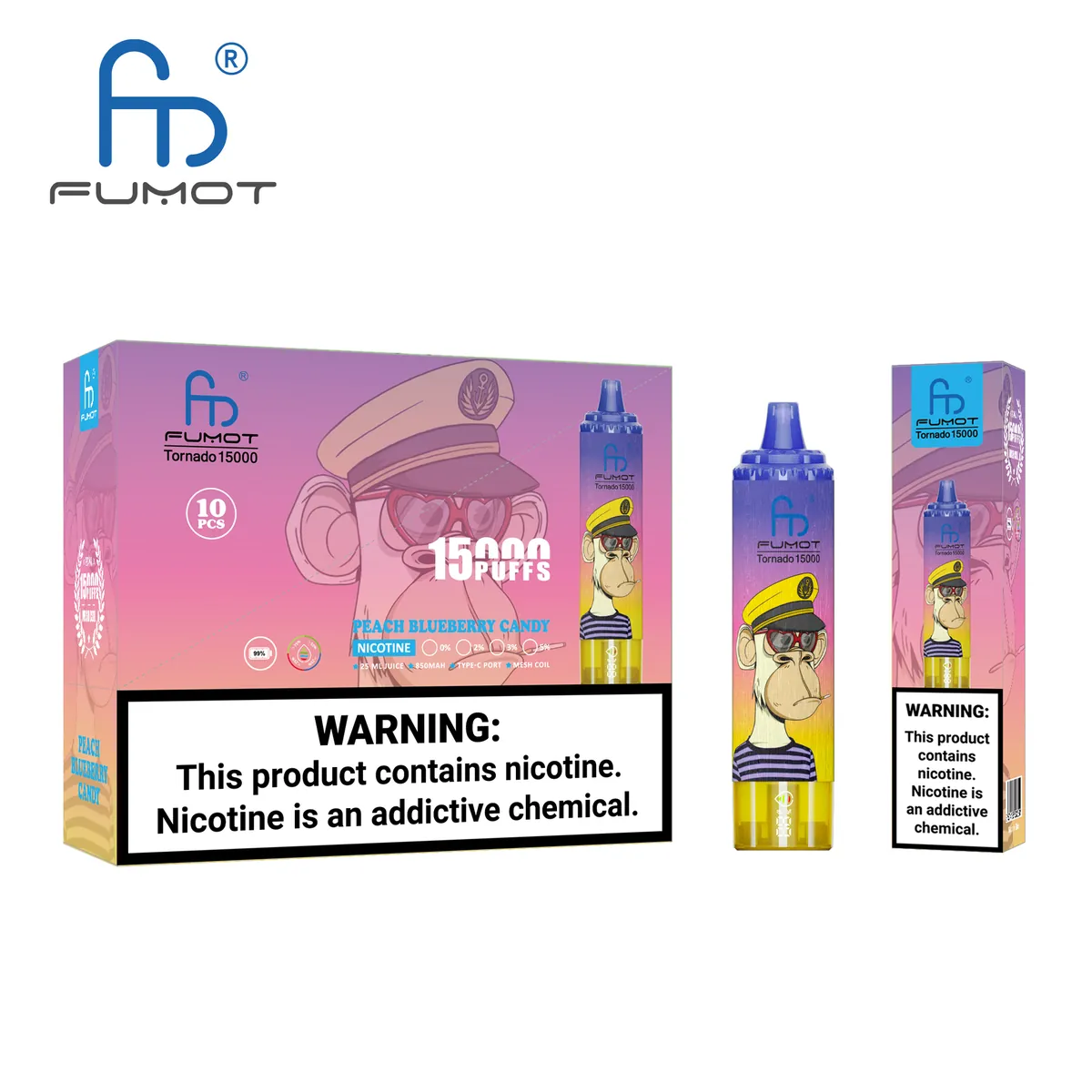 Fumot Tornado 15000 Peach Blueberry Candy – 10er-Displaybox mit Einweg-Vape und Einzelpackung