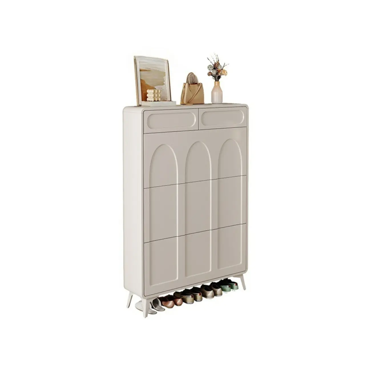 Vertical Slim White Wooden Drop Front Shoe Cabinet