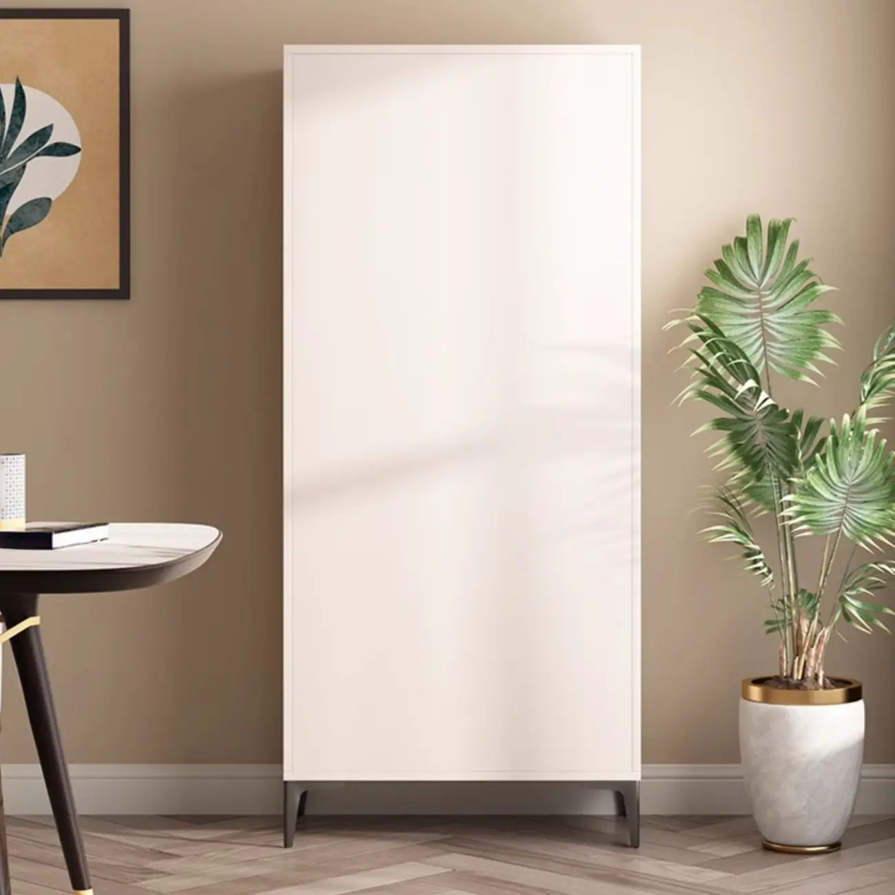 Khaki Wooden Adjustable Shelf Display Cabinet with Drawer