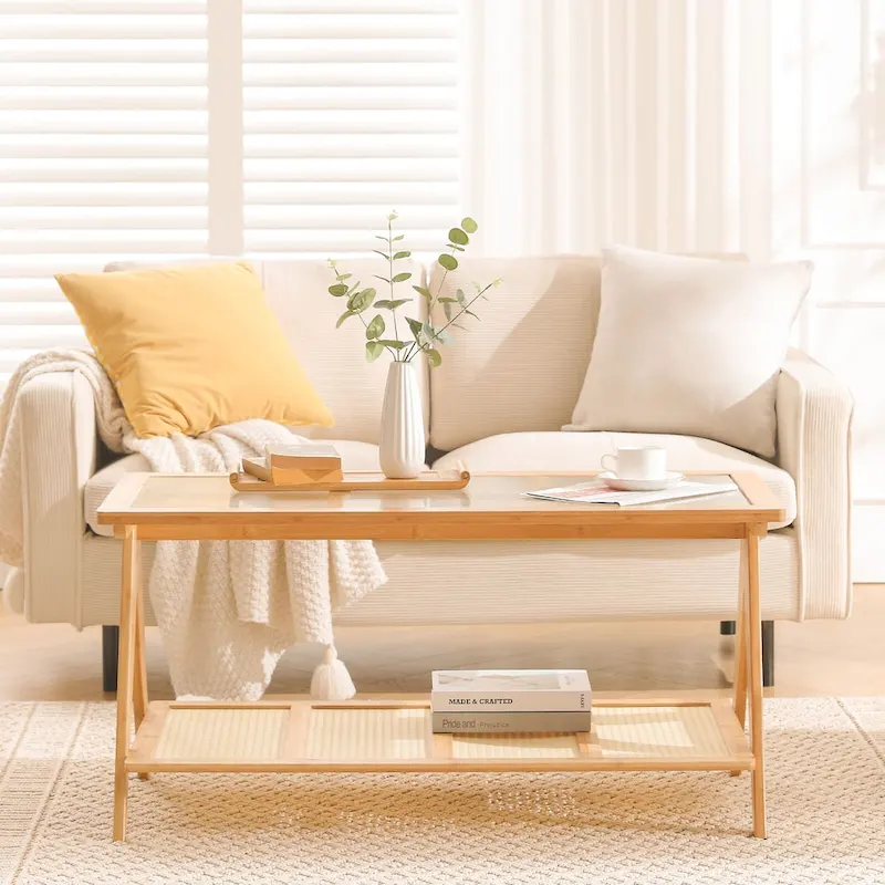 2-Tier Rectangular Coffee Table, Glass Top Sofa Table - 39.4L x 19.7W x 19.7D