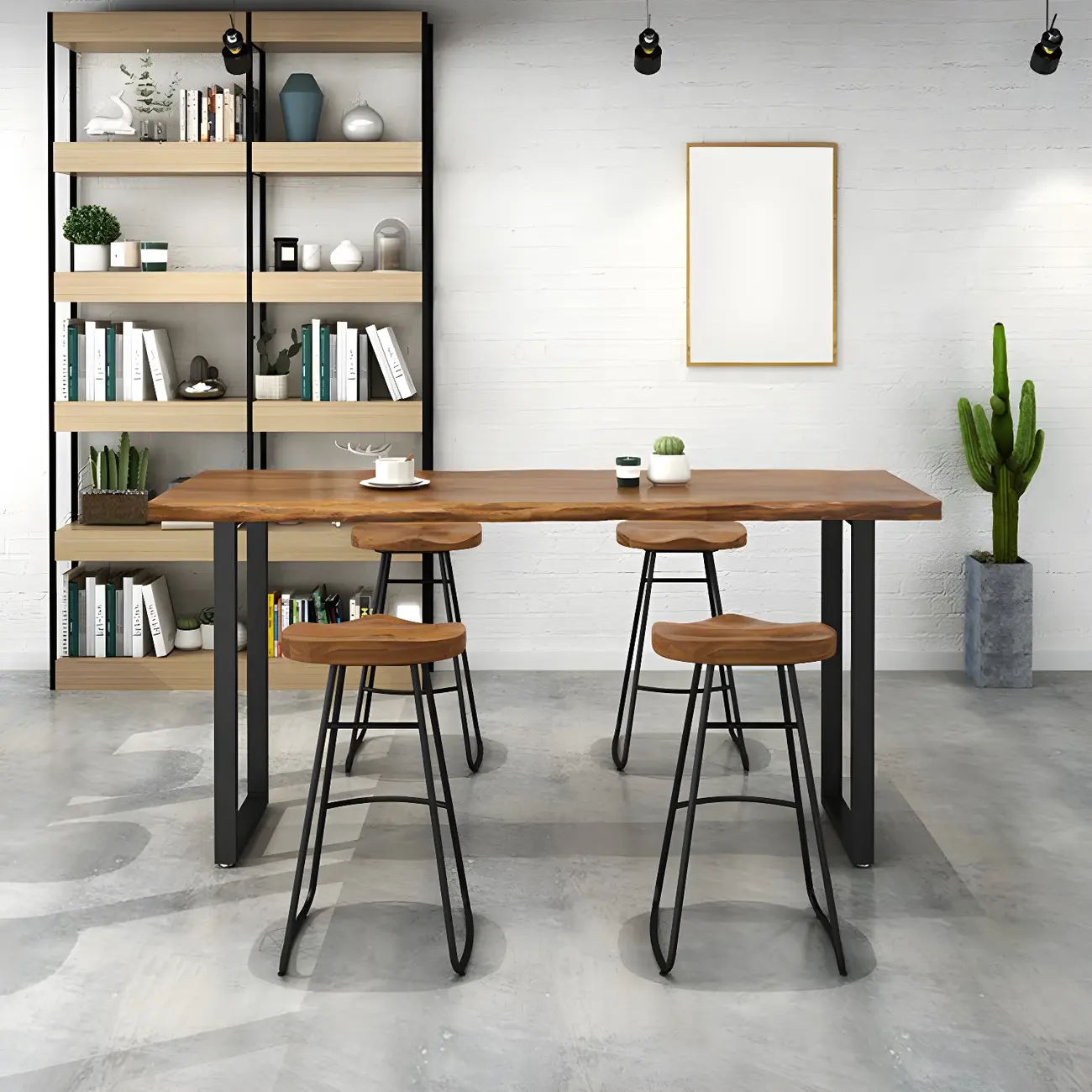 Pine Wood Rectangular Metal Base Bar Table Brown