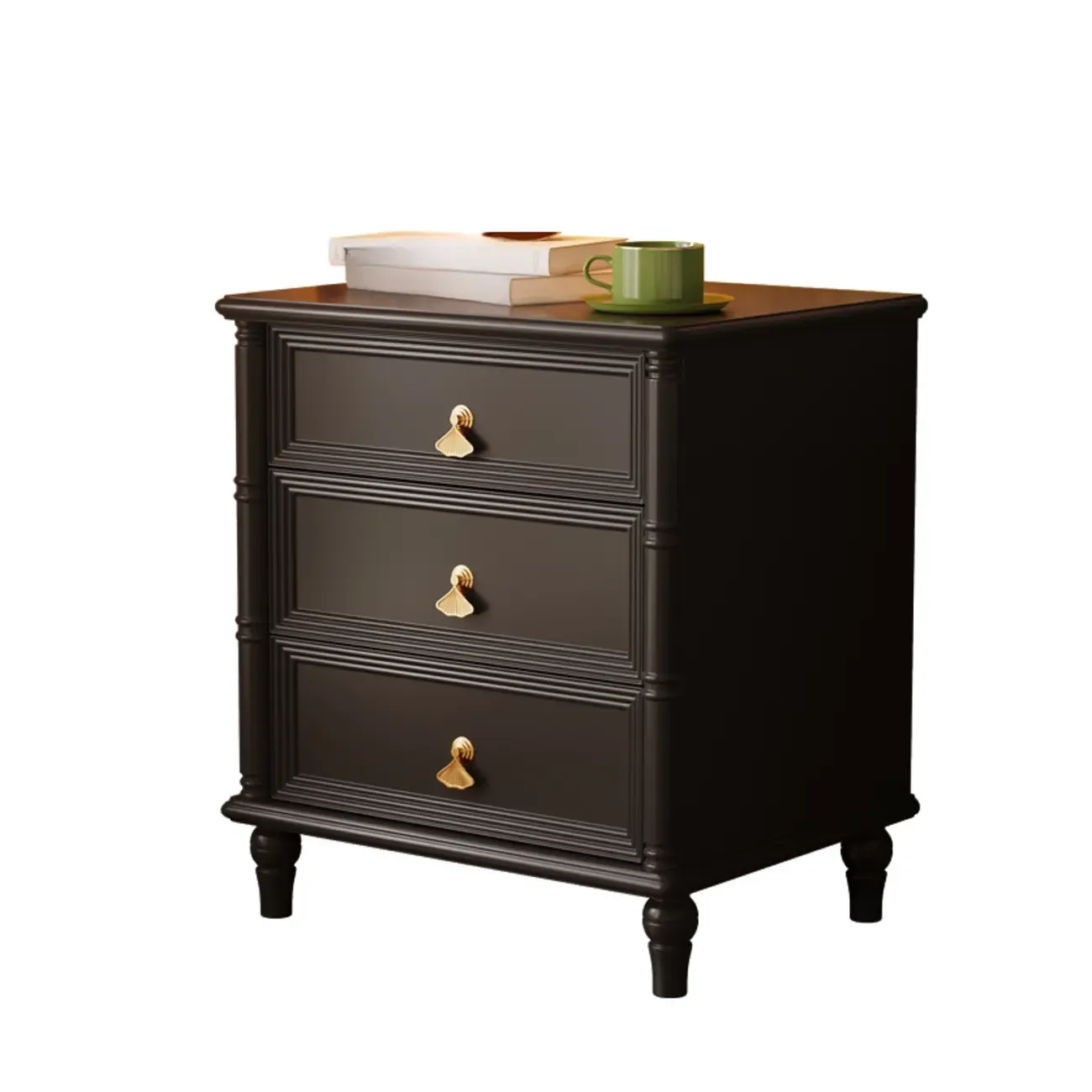 Traditional Rectangular Solid Wood 3-Drawer Black Nightstand