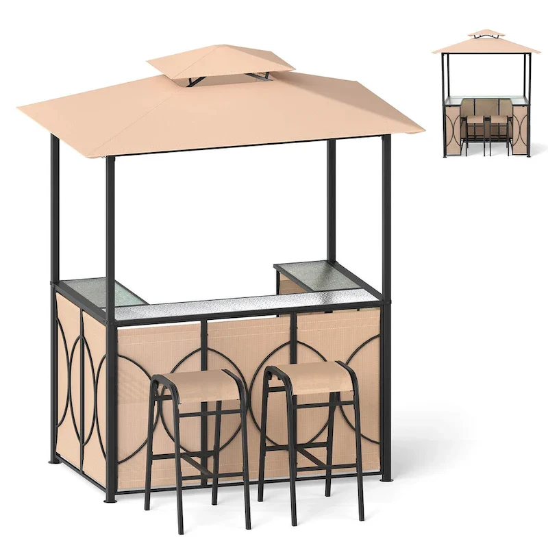 Costway 6.5 x 4 x 8 FT Grill Gazebo Set with 2 Bar Stools, Tempered - See Details