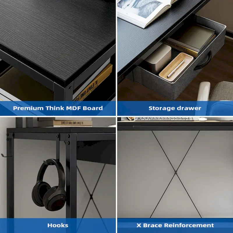 68 Home Office Desk with File Drawer & Power Outlet, LED Lights