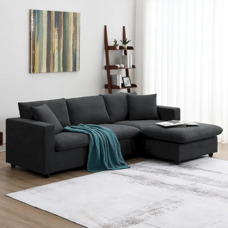 Modern 4-Seat L-Shaped Sectional Sofa, with 2 Free pillows, Convertible Ottoman