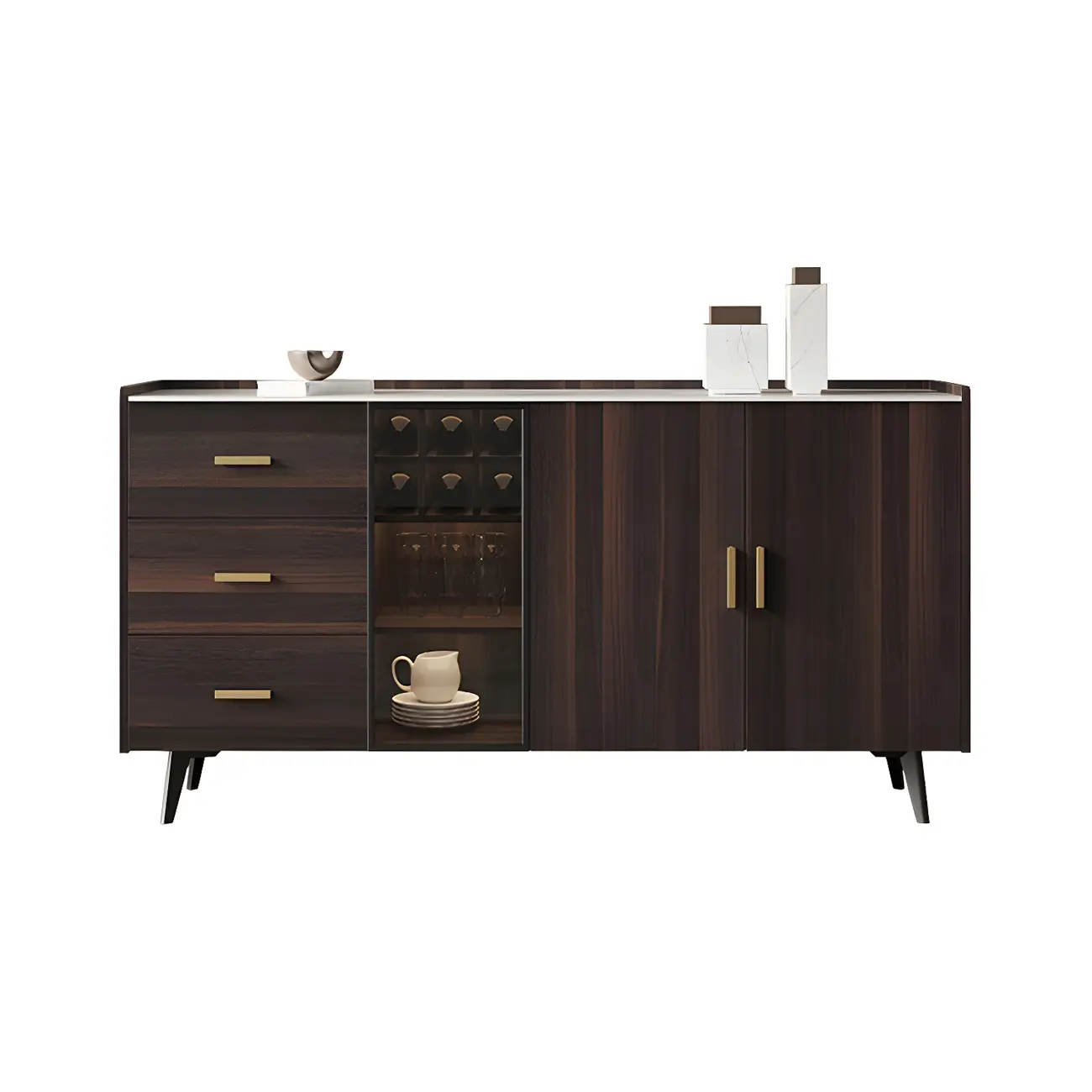 Glam Walnut Wooden Sideboard with Drawers & Cabinets