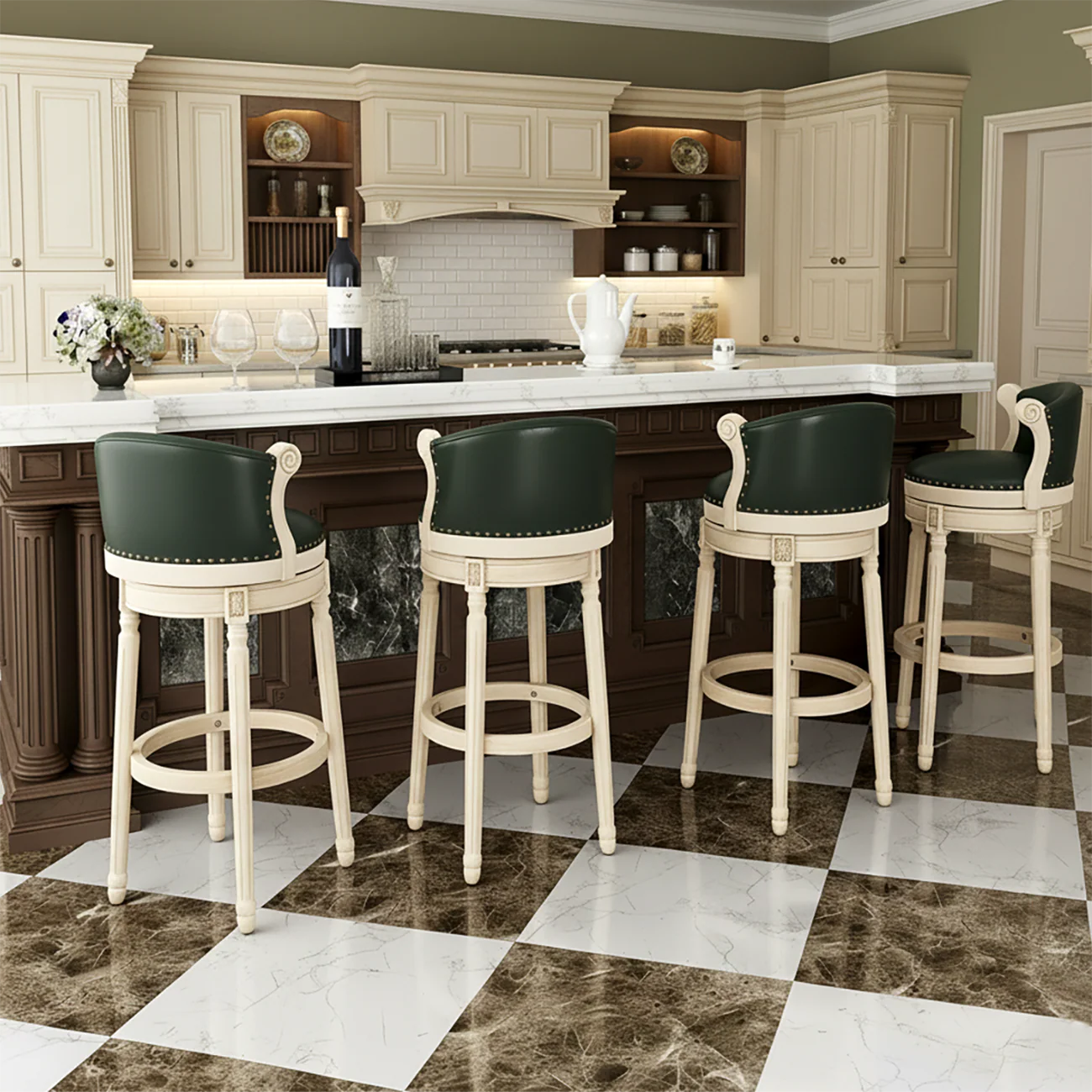 Solid Wood Leather Swivel Counter Stools with Backs