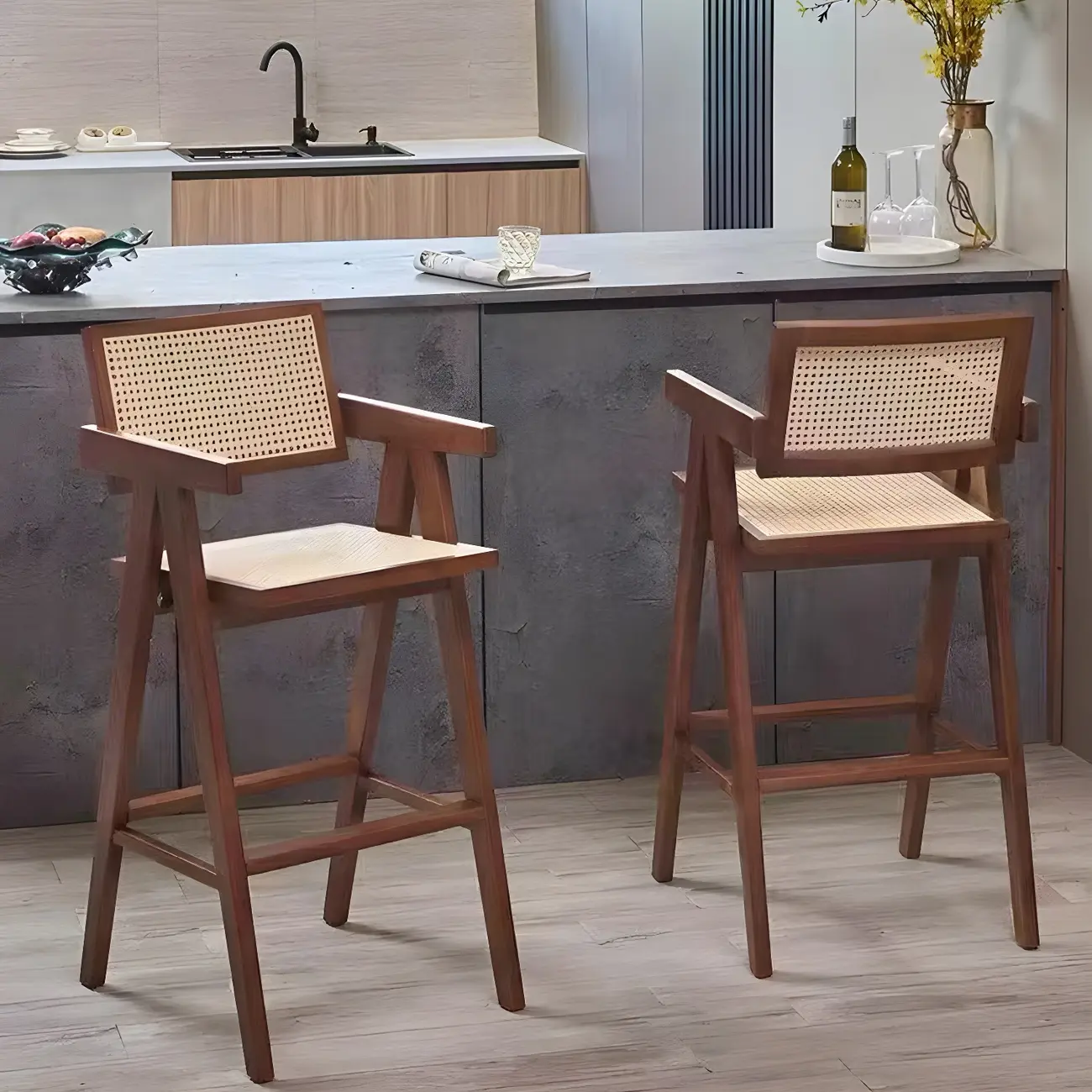 Mid-Century Rattan Square Stackable Counter Height Stools