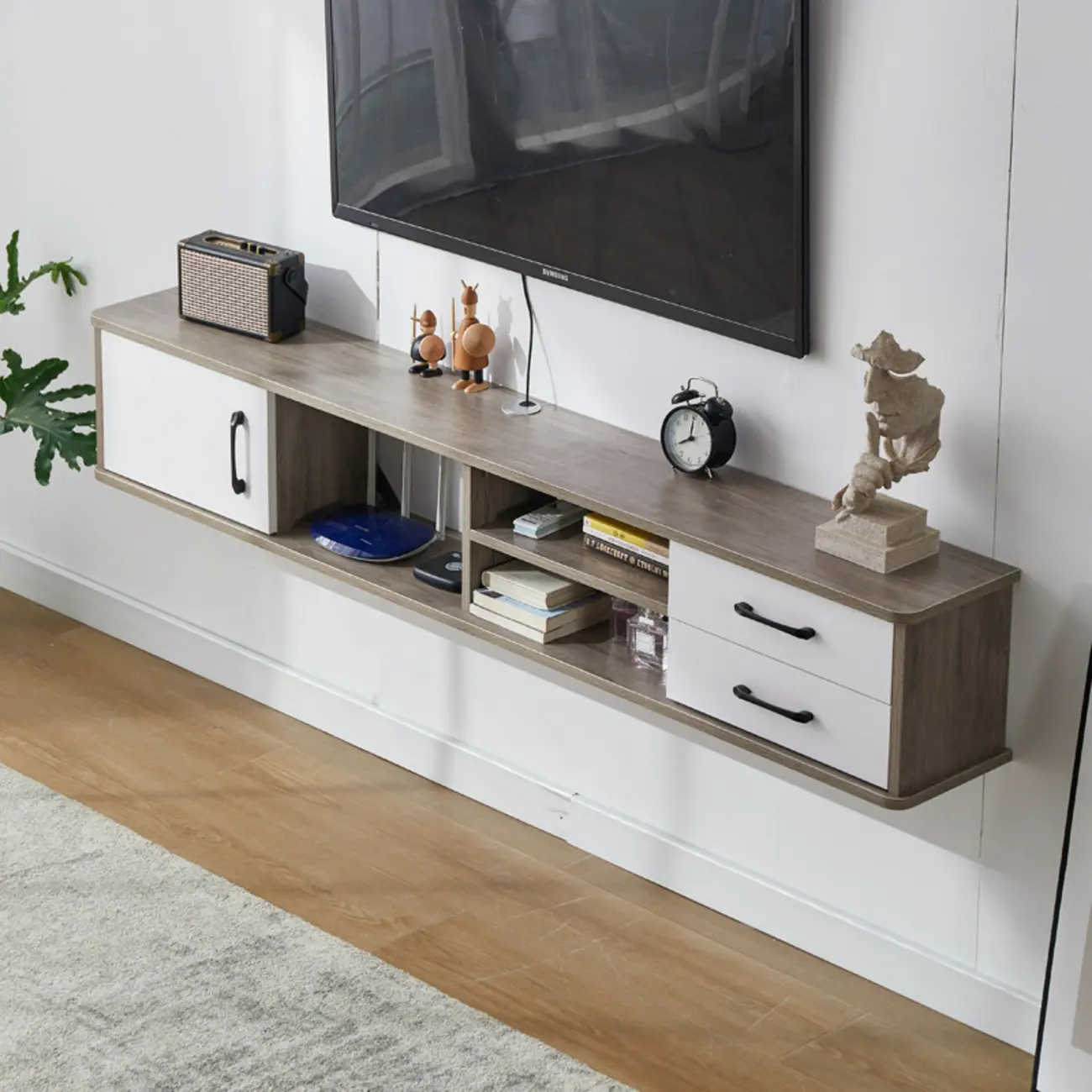 59 Grey Wooden Open Shelf Floating TV Stand with Drawers