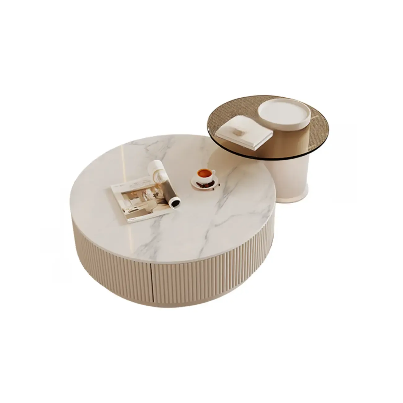 Modern Wood Round Nesting Coffee Table with 2 Drawers