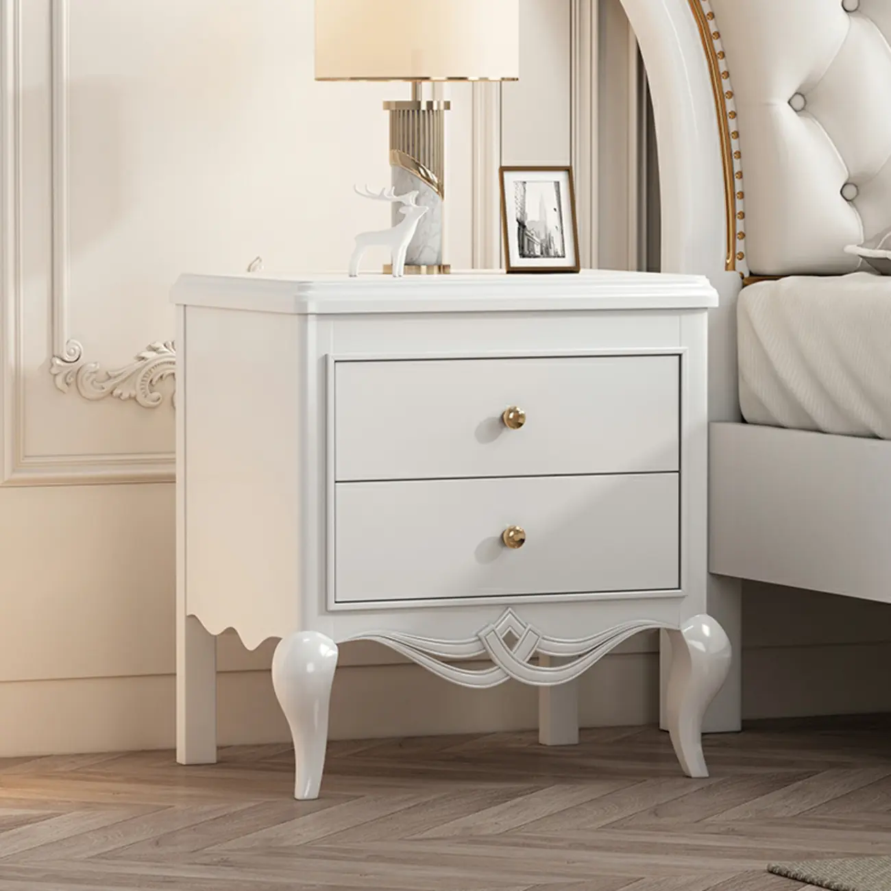 Glam Rubberwood White 2-Drawer Nightstand with Legs
