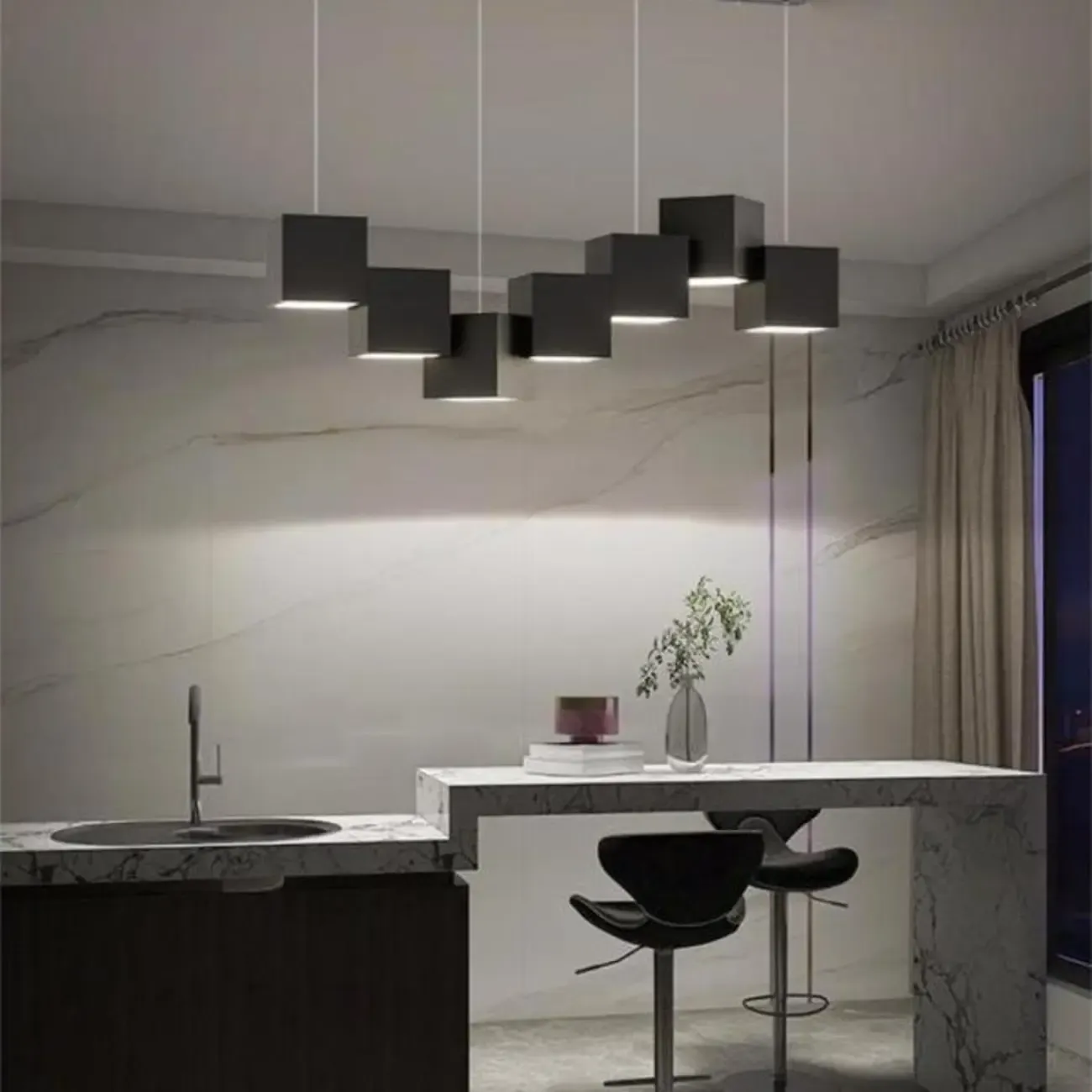 White Cube Modern Island Pendant Light, Adjustable