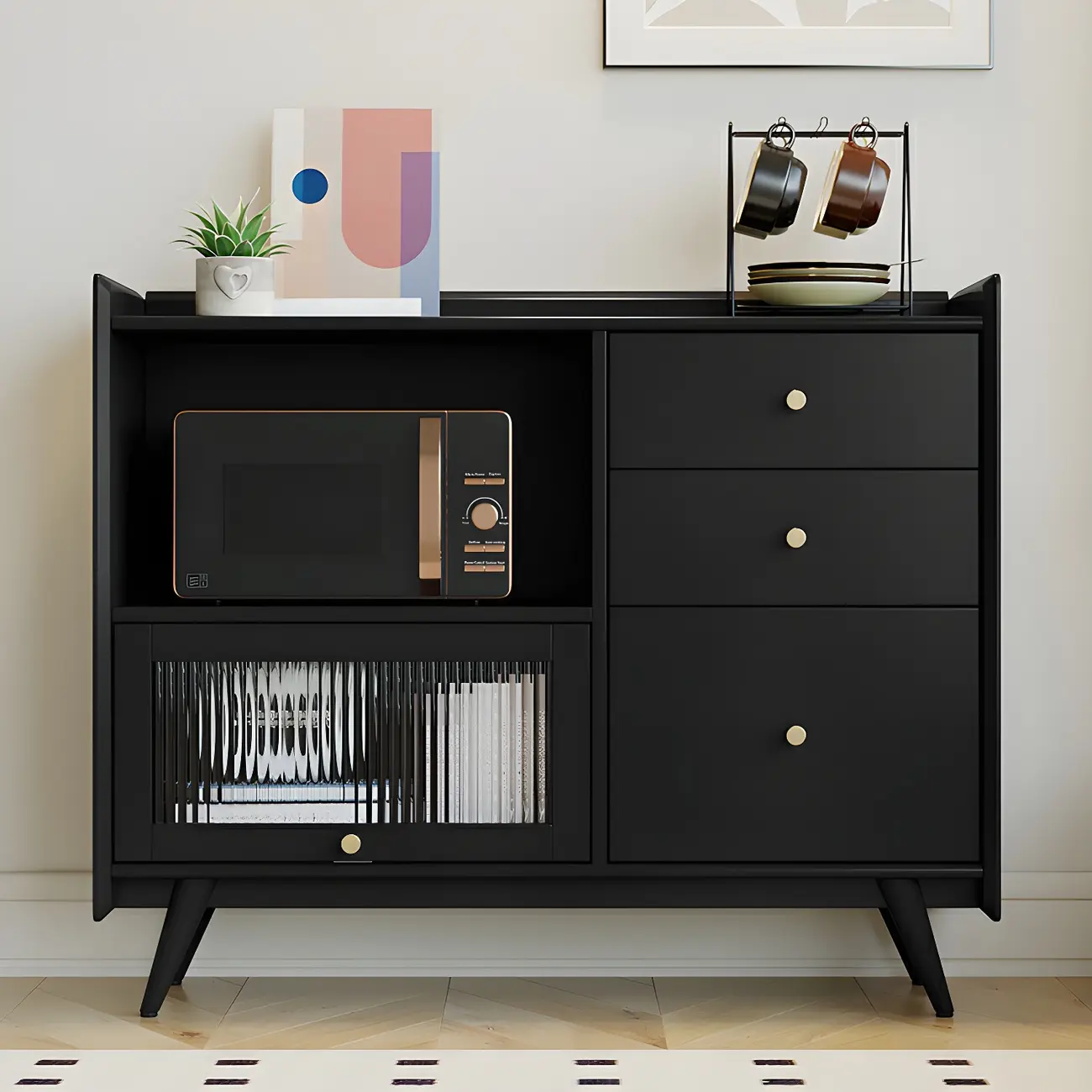 Modern Black Espresso Sideboard with Cabinets & Drawers