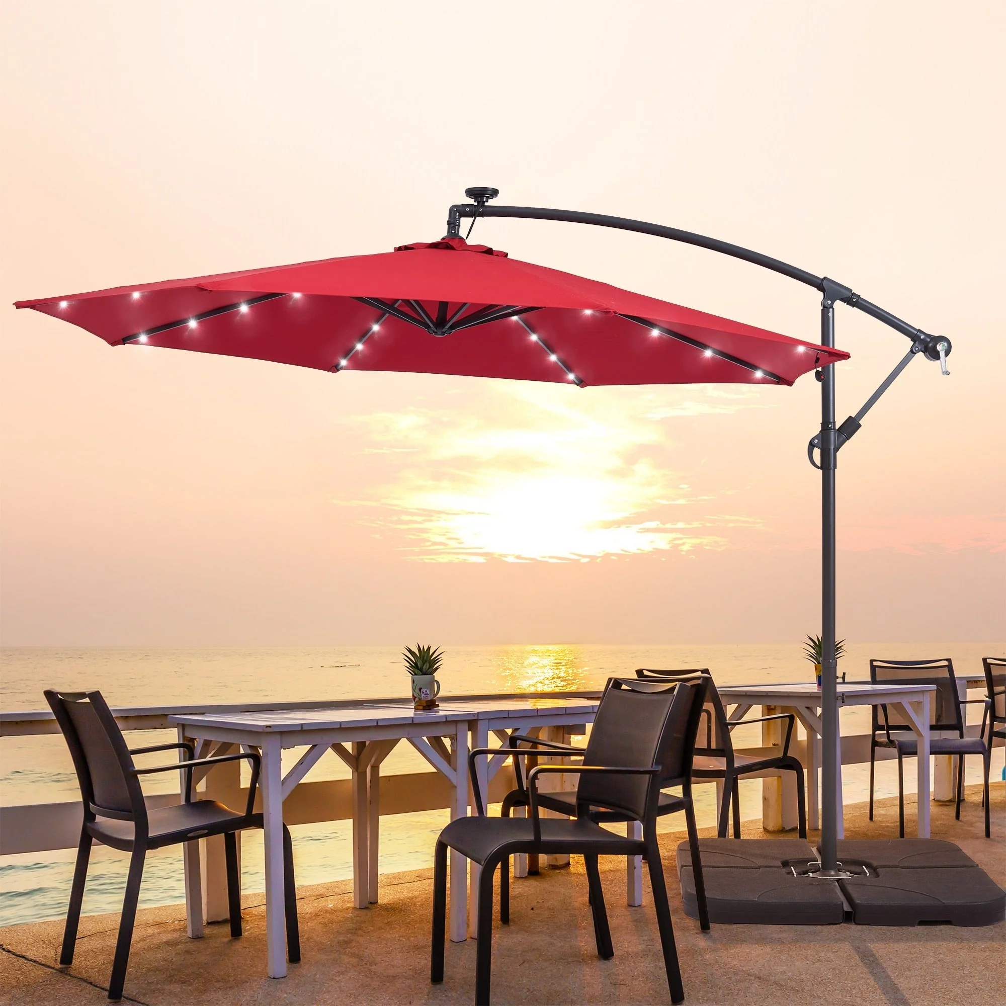 LIVOOSUN 10ft LED Patio Offset Umbrella With Cross Base