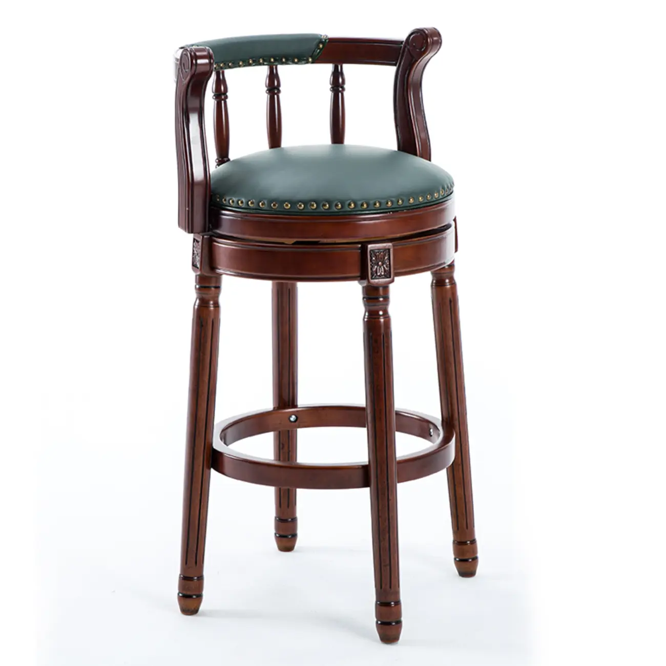 Swivel Counter Height Bar Stools in Genuine Leather & Walnut Solid Wood