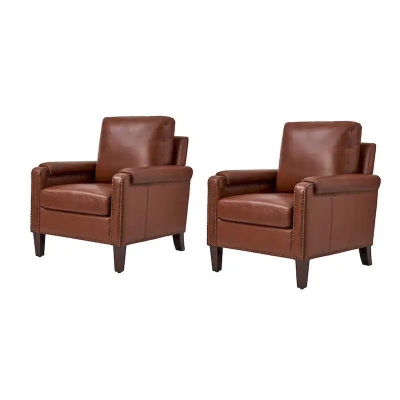 Kunz Transitional Genuine Leather Armchair with Removable Cushion and Nailhead Trims Set of 2 by HULALA HOME