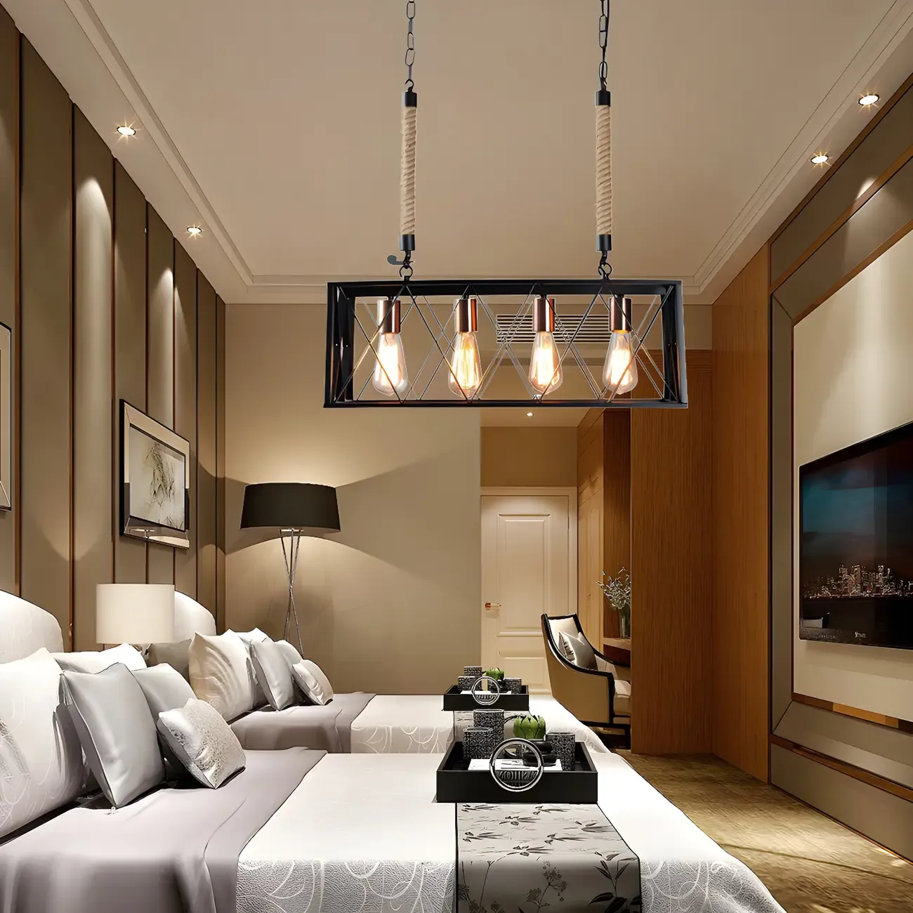 Industrial 4-Light Rectangle Black Metal Pendant Light