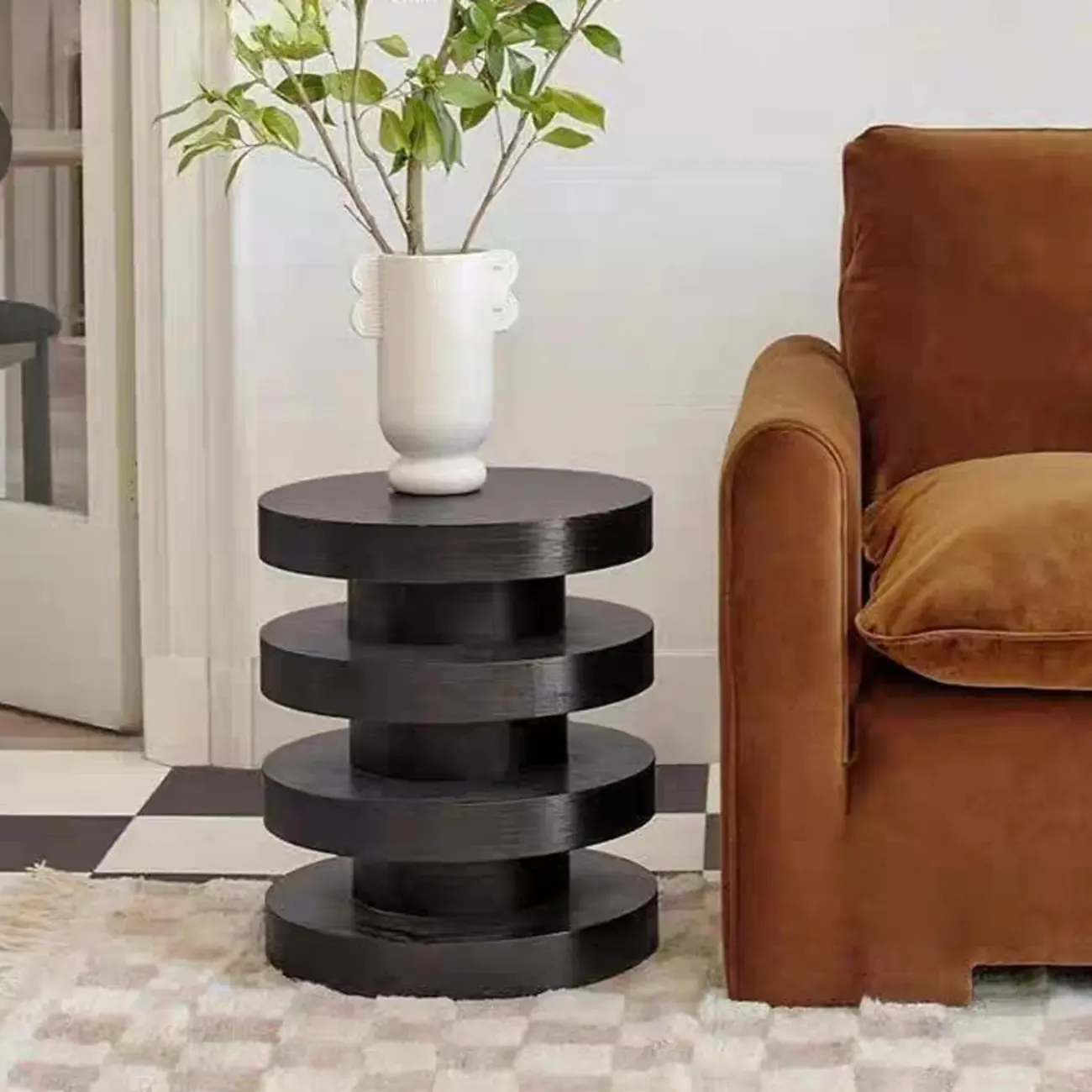 Living Room Black Circular Stacked Wood Side Table