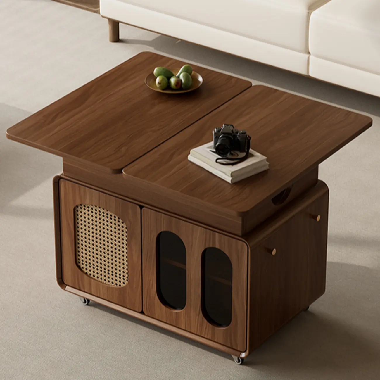 Elegant Brown Rolling Wood Side Table Adjustable Top