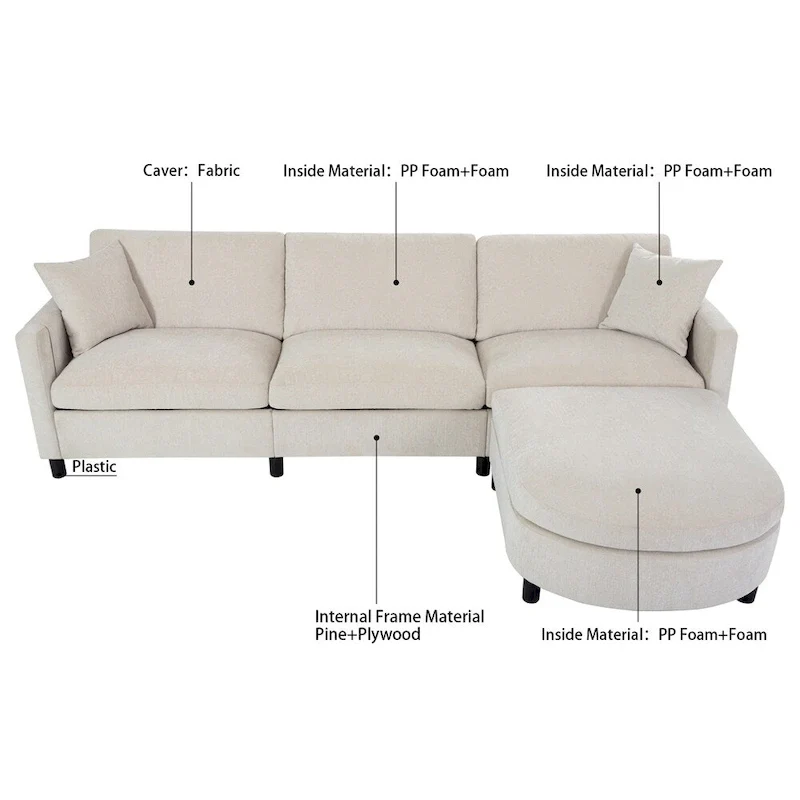 108 Modern Fabric Sectional Sofa with Ottoman and Pillows