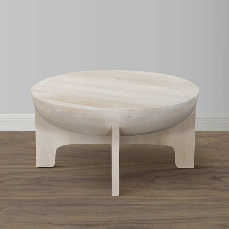 Tomas 32 Inch Coffee Table, Mango Wood Drum Top, Classic Washed White
