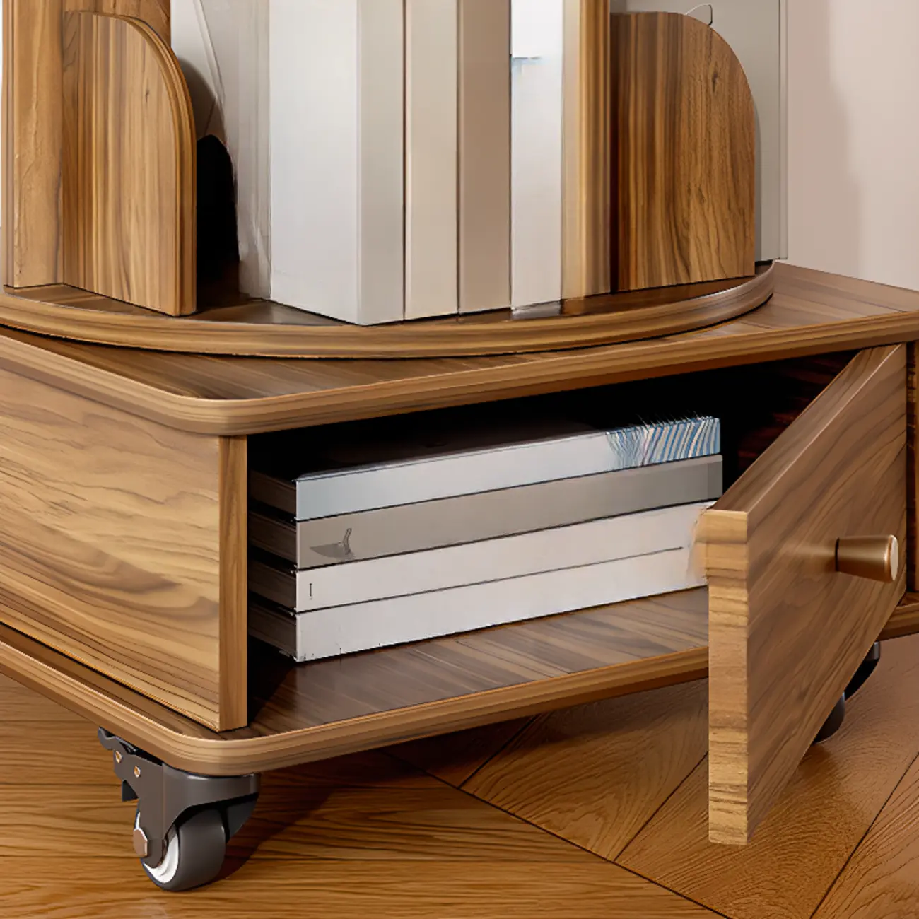 Narrow Wood 5-Tier Revolver Sliding Bookcase with Drawer