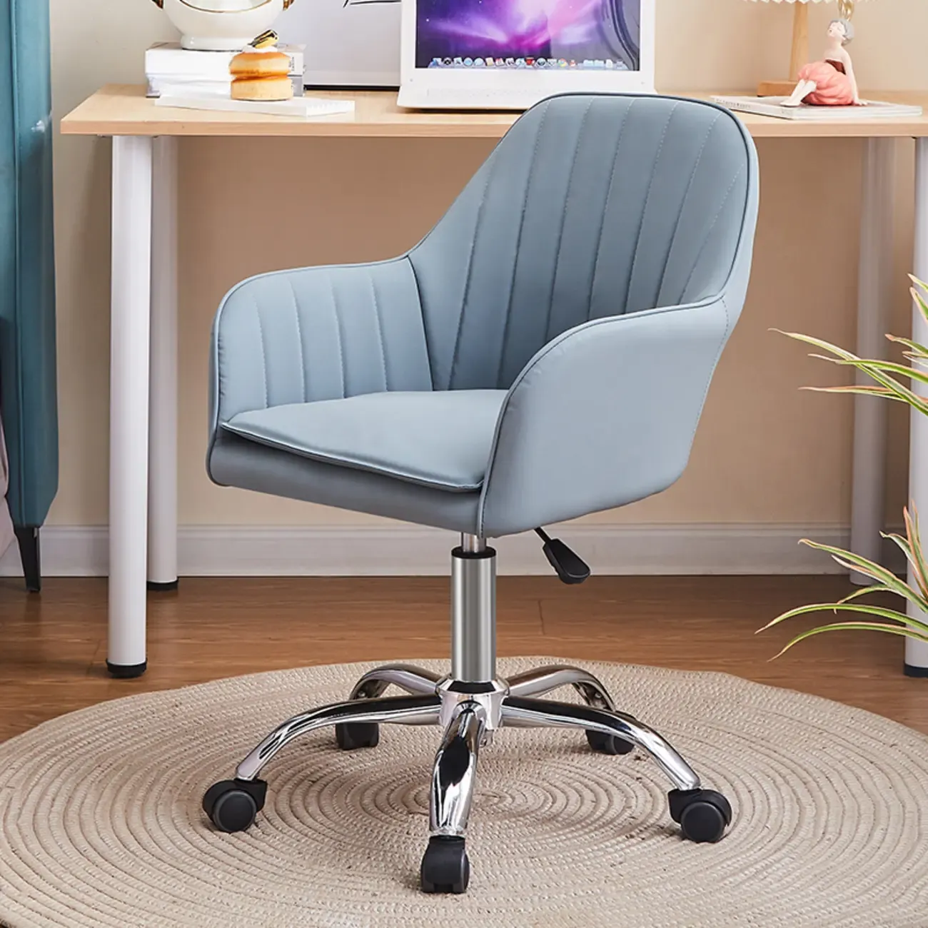 Sleek Grey Leather Swivel Office Chair