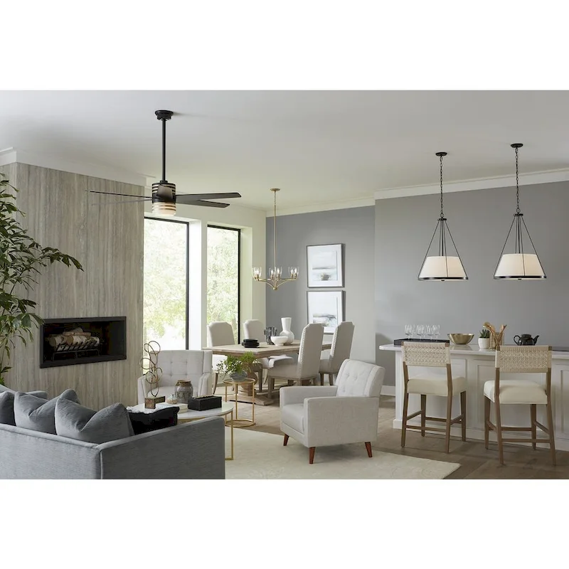 Saffert Collection Three-Light New Traditional Matte Black White Linen Glass Pendant Light - 22 in x 22 in x 30 in