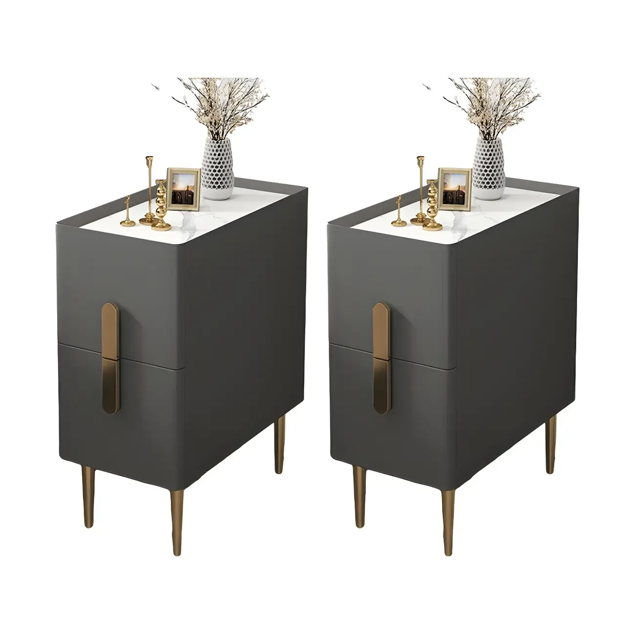 Modern Stone Countertop Faux Leather Nightstand with 2 Drawers