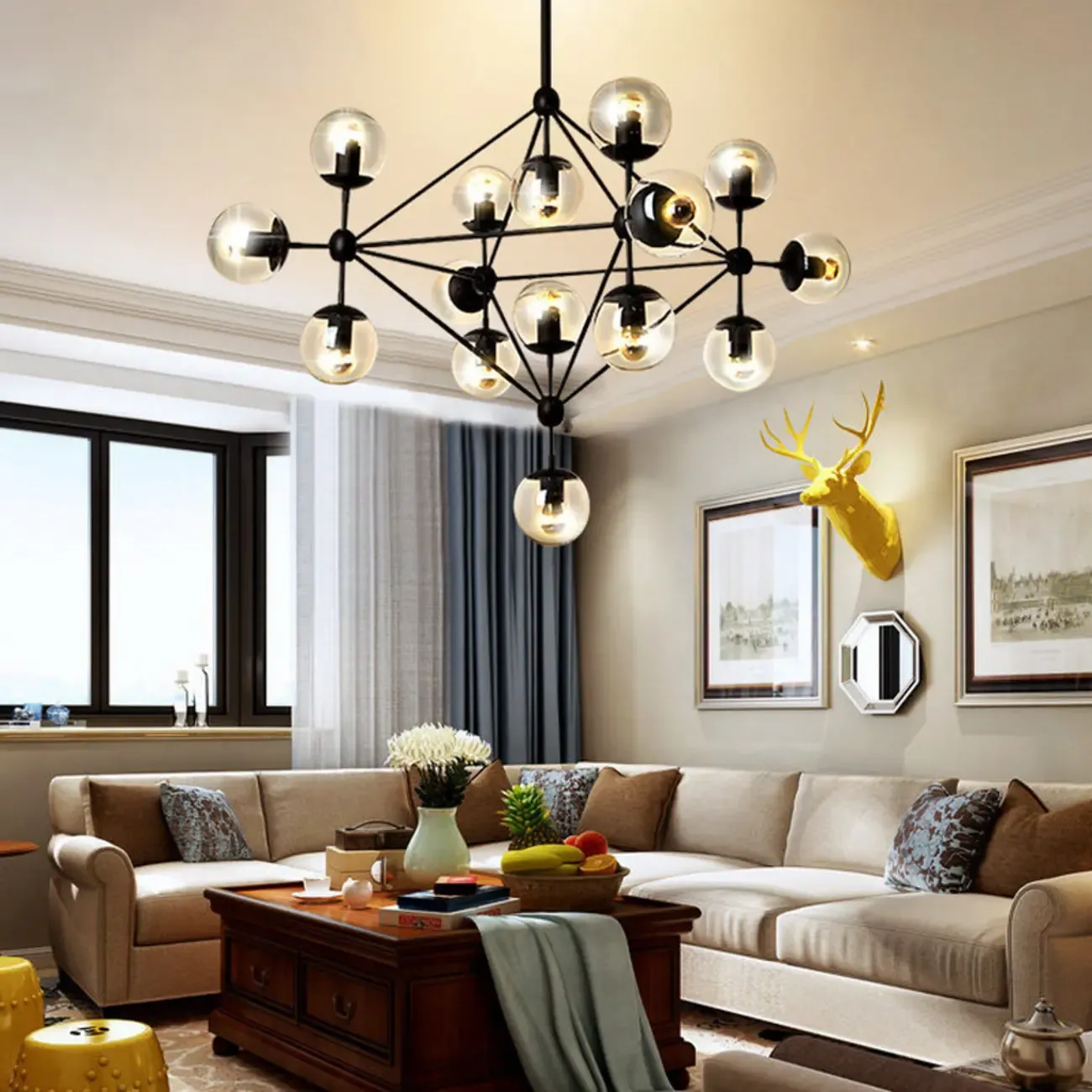 Multi-Light Modern Black LED Chandelier with Geometric Design