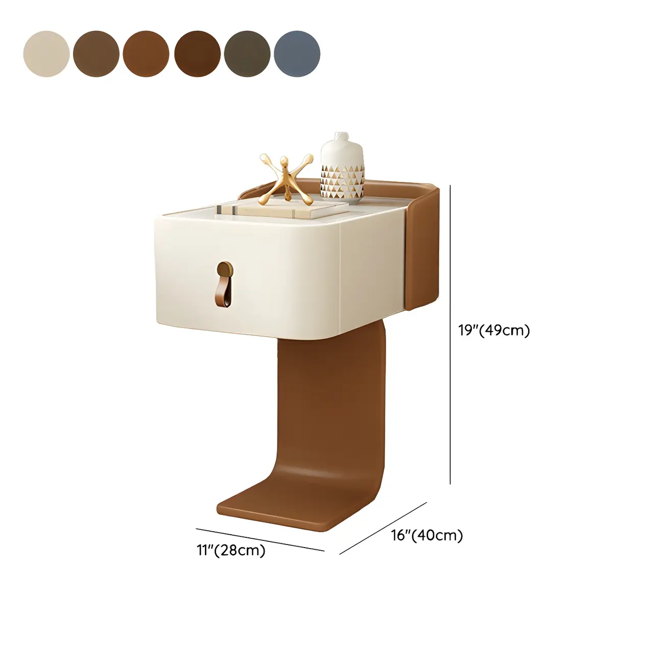 Khaki Stone Top Wood C-Shaped Nightstand with Drawer