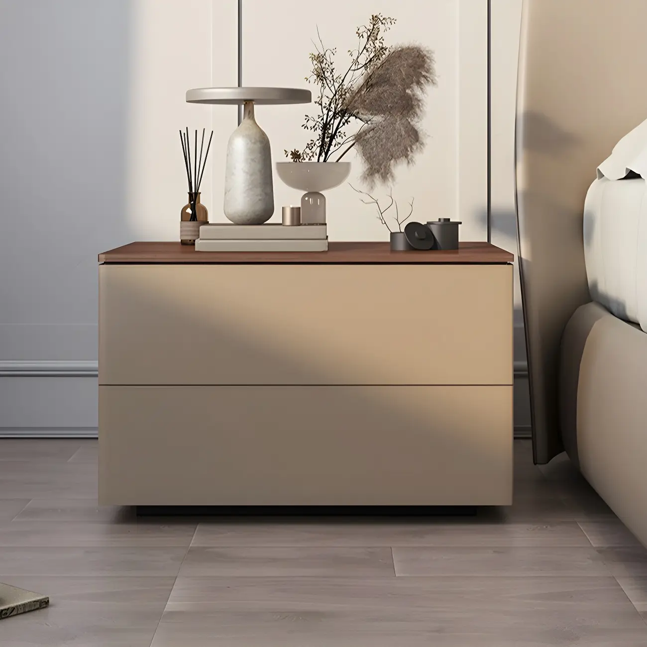 Modern Wood Top Leather Dual-Tone 2 Drawers Nightstand