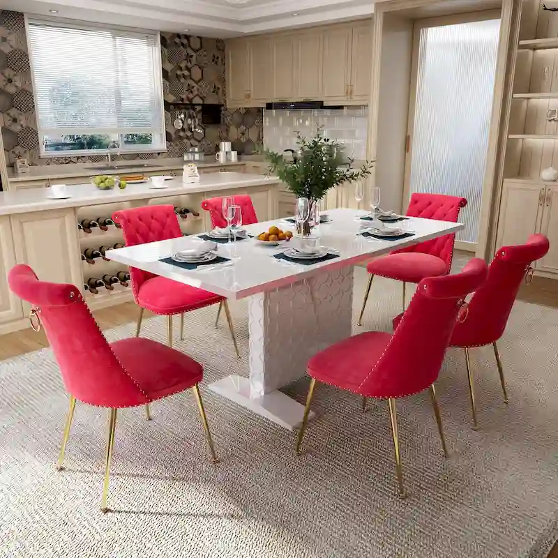 7-Piece Clihome High-gloss Extendable Table Velvet Chair Dining Set