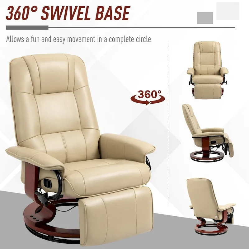 PU Leather Swivel Recliner Chair Manual Lounge Chair with Wood Base, Adjustable Backrest and Retractable Footrest